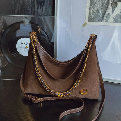 Women's Light Luxury High-End Black Suede Shoulder Crossbody Tote Bag