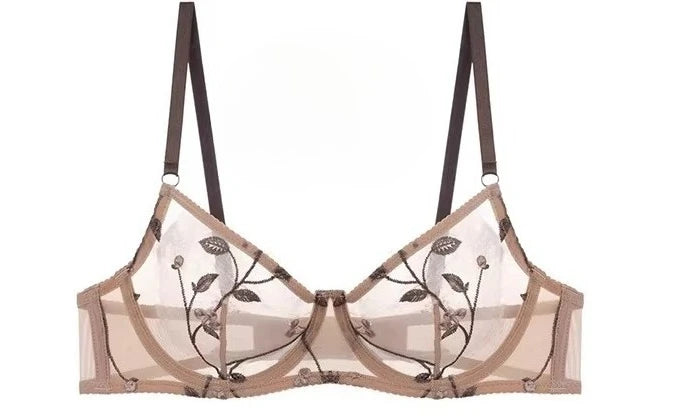 Women's Embroidered Mesh Sheer Bra & Thong Lingerie Set