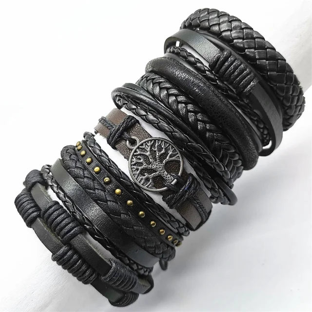 10 Pcs/set Black Wrap Woven Handmade Leather Bracelets