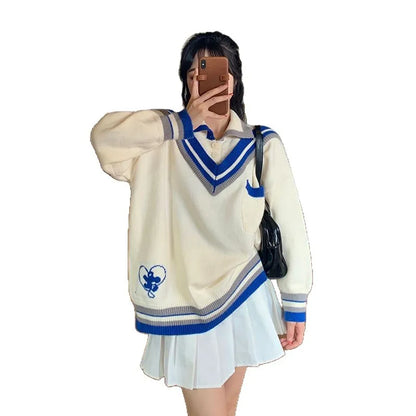 Women’s College Style Spliced Polo Collar Knitted Sweater