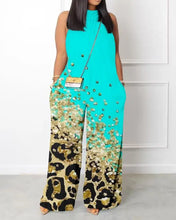 Mock Neck Sleeveless Pocketed Abstract Print Wide Leg Jumpsuit