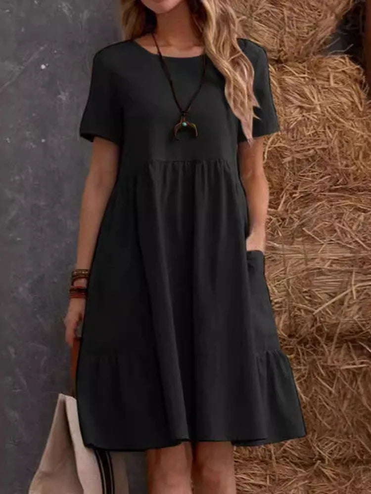 Women's Round Neck 100% Linen Loose Fit Summer Midi Dress with Pockets