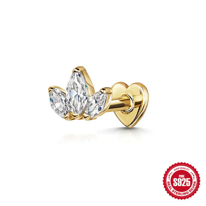 925 Sterling Silver Heart Flat Push-Back Zircon Piercing Stud Earrings