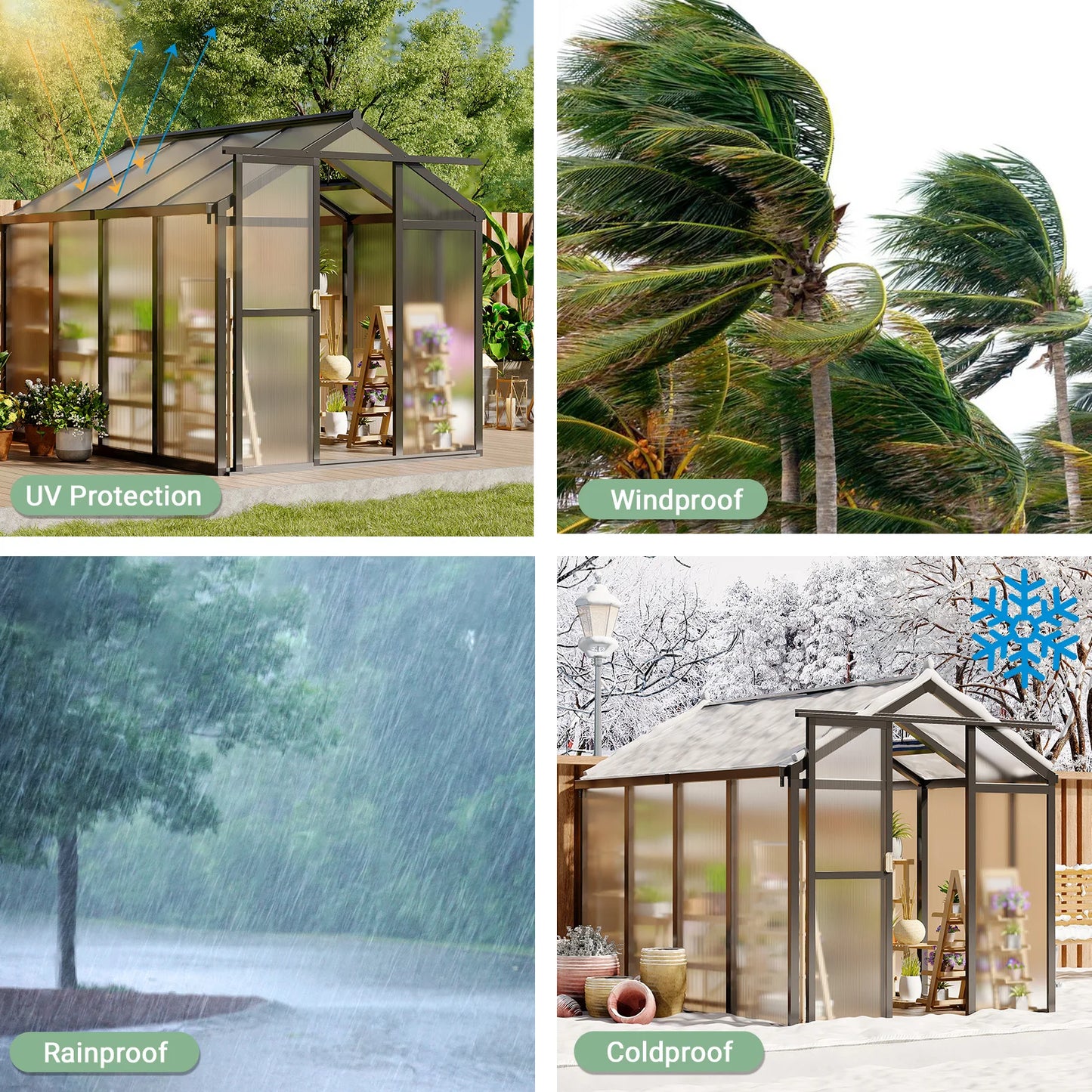 6x8FT Aluminum Walk-in Heavy Duty Polycarbonate Greenhouse with Roof Vent