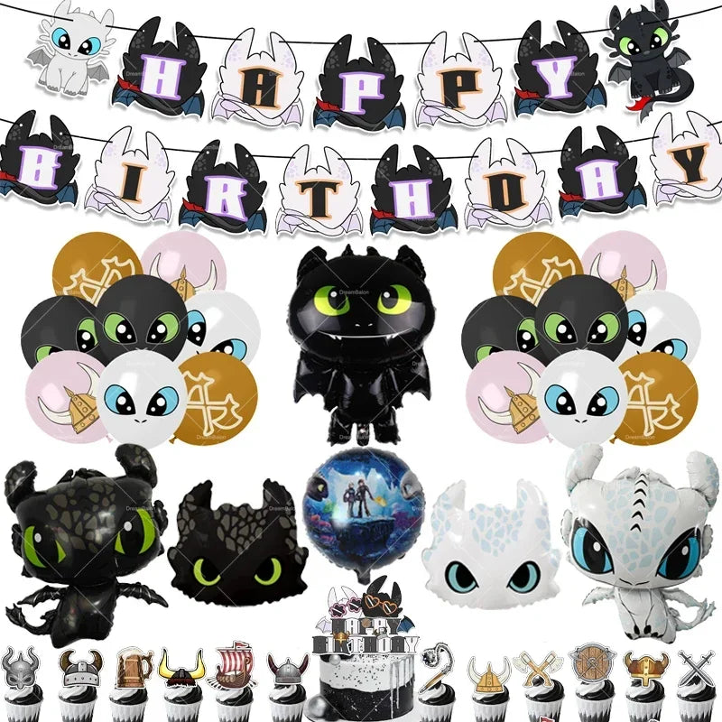 How to Train Your Dragon Party Decorations Set - Foil Balloons, Birthday Banner & Cake Toppers