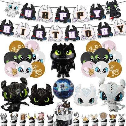 How to Train Your Dragon Party Decorations Set - Foil Balloons, Birthday Banner & Cake Toppers