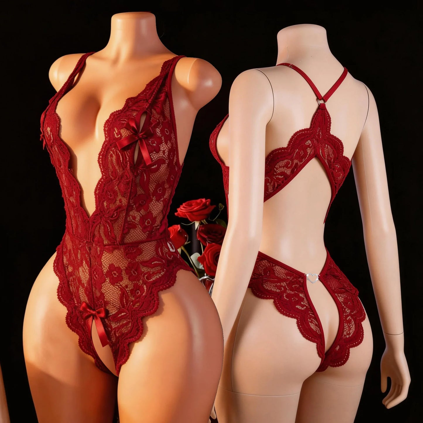 Women's Transparent Lace Open Crotch Lingerie Bodysuit