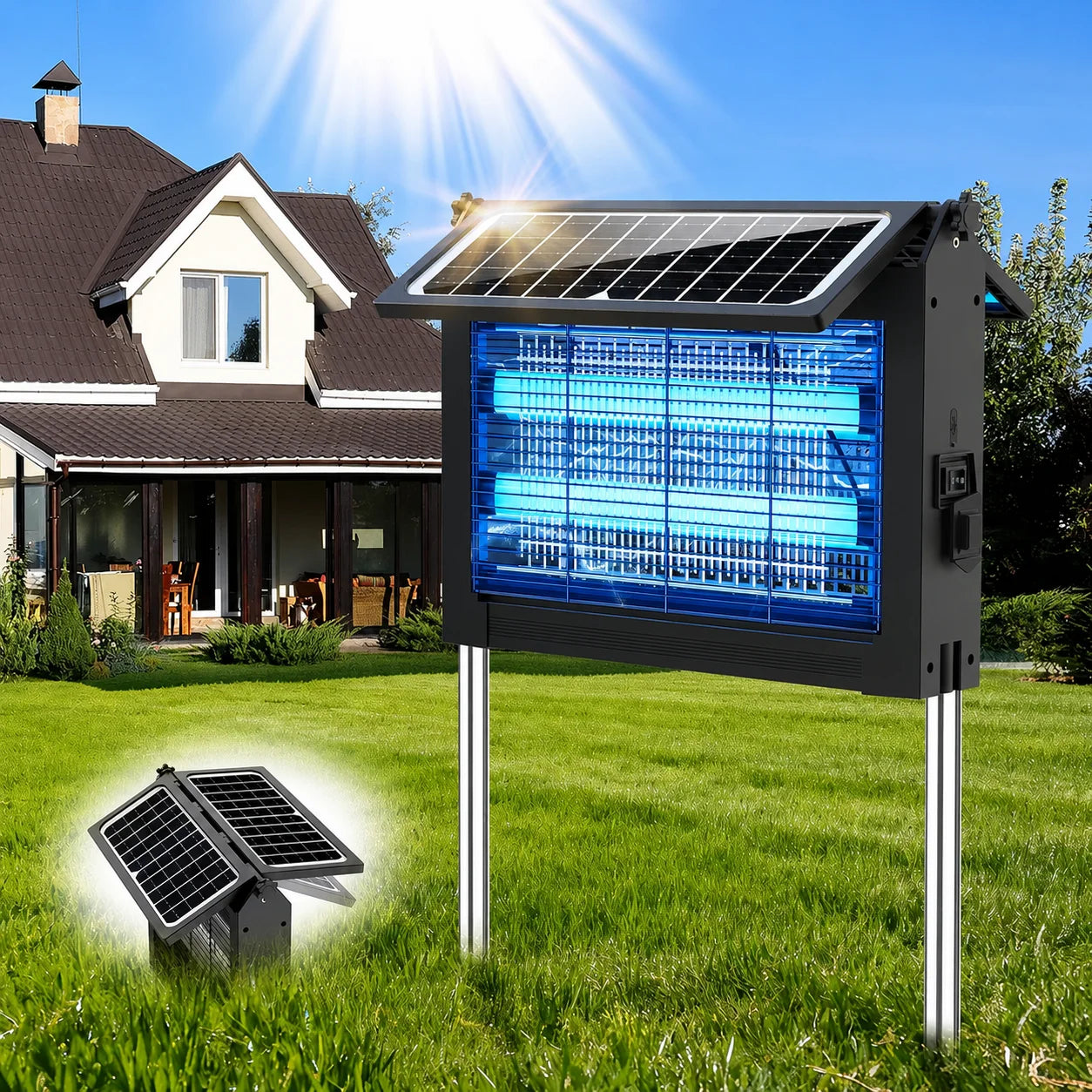 Outdoor Solar Bug Zapper with Dual Solar Panels & USB Charging