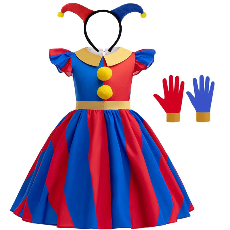 Girls' Digital Circus Pomni Cosplay Costume Set - Red & Blue Clown Dress Outfit for Kids