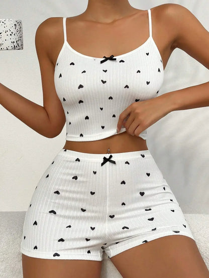 Heart Print Casual Backless Crop Cami Top & High Waist Shorts 2Pce Loungewear Set