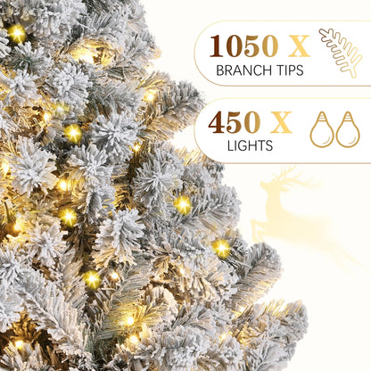 6FT/7.5FT Flocked Artificial Christmas Tree with Snowy Warm White LED Lights - Hinged Fraser Fir Holiday Decor