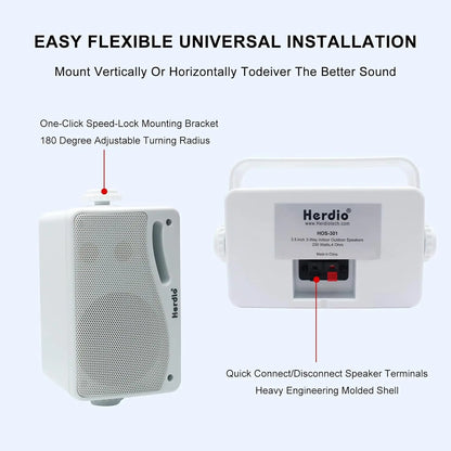 Herdio 3.5" Waterproof Indoor/Outdoor Wall Mount Speakers (Pair, 200W)