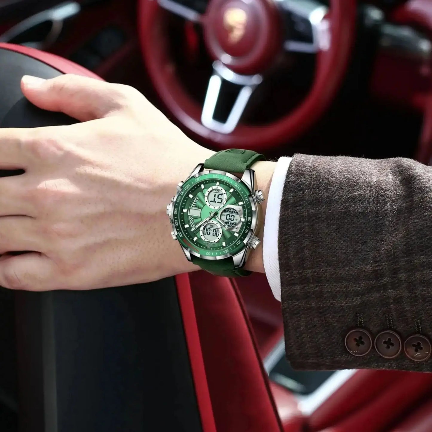 POEDAGAR LED Luminous Dual Time Display Digital Quartz Watch