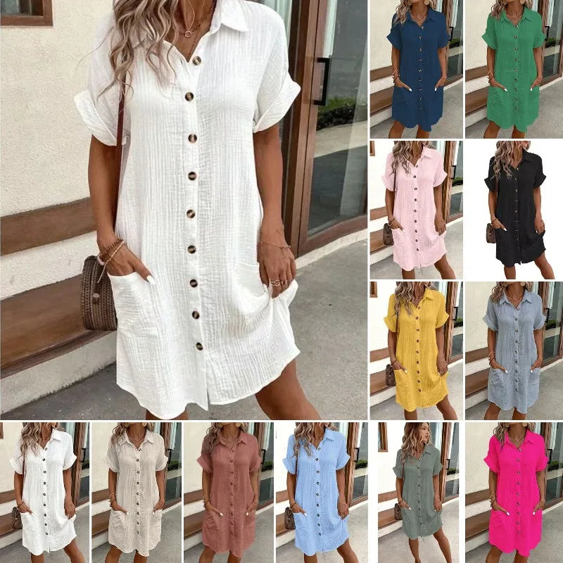 V-Neck Single-Breasted Mini Dress - Casual Loose Fit Short Sleeve Summer Dress