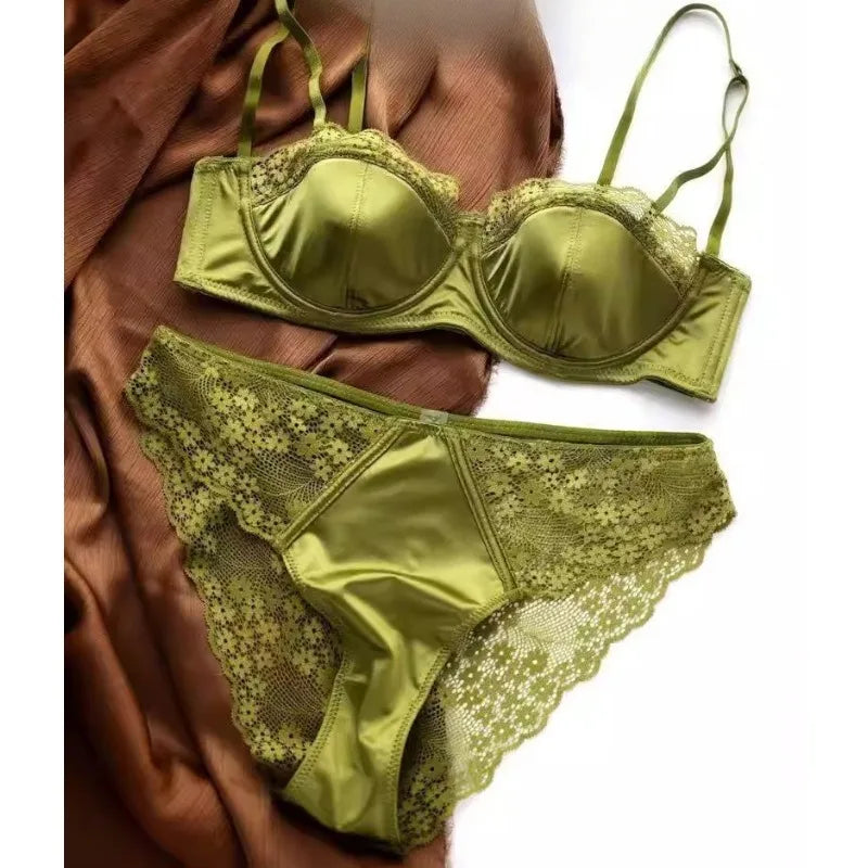 Satin Half-Cup Underwire Bra & Lace Trim Lingerie Set