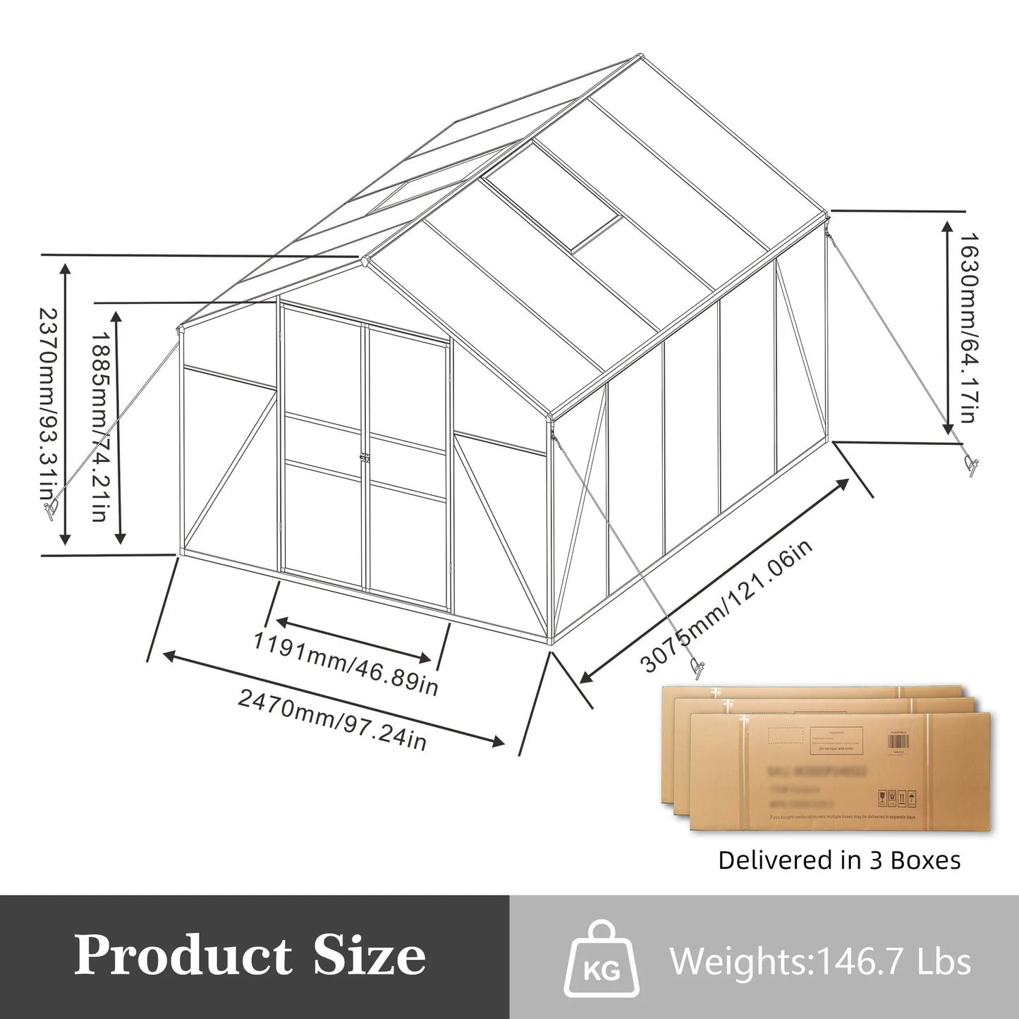 SUSUA 8x10FT Polycarbonate Raised Base and Anchor Aluminum Heavy Duty Greenhouse