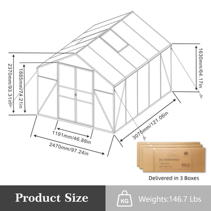 SUSUA 8x10FT Polycarbonate Raised Base and Anchor Aluminum Heavy Duty Greenhouse