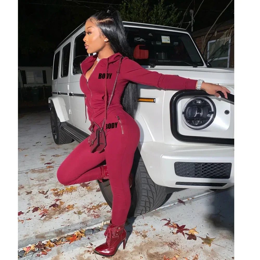 Body Letter Piece Zipper Fly Hoodie and Pants Set