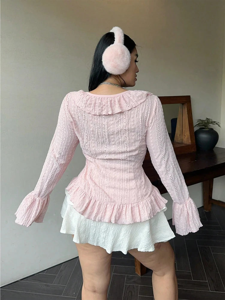 Plus Size Women's Elegant French Ruffle V-Neck Blouse, Pink Flared Sleeve Tops