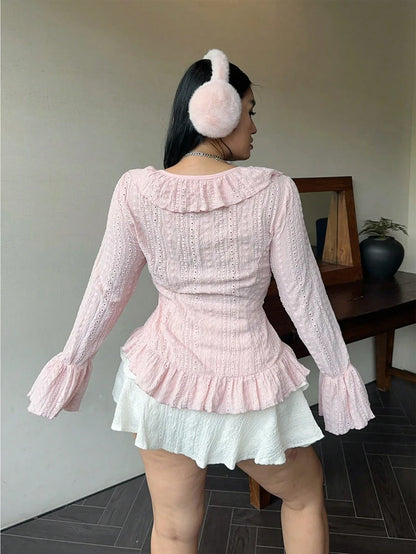 Plus Size Women's Elegant French Ruffle V-Neck Blouse, Pink Flared Sleeve Tops