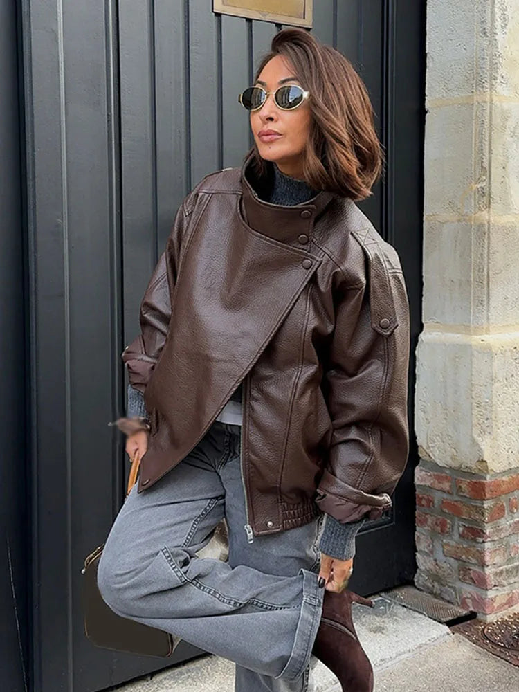 Women's Elegant High Street Asymmetric Button Zip-Up Jacket