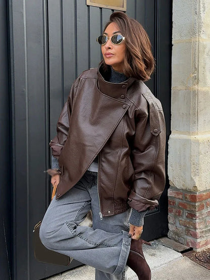 Women's Elegant High Street Asymmetric Button Zip-Up Jacket