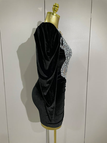Sparkly Mesh Black Velvet Short Dress