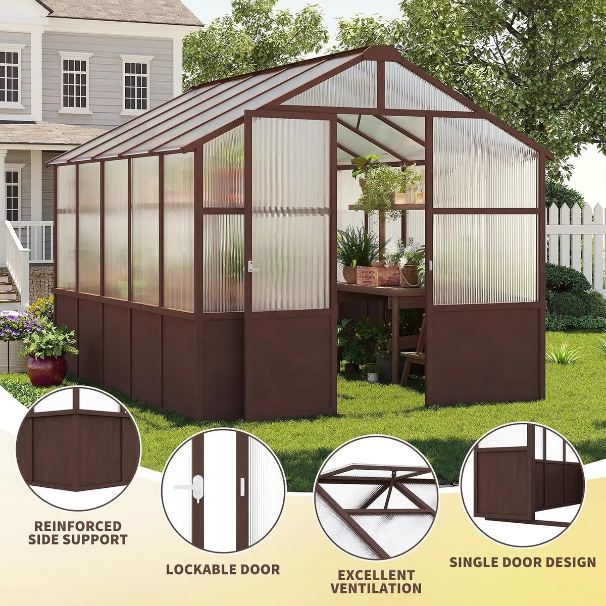 Walk-In Wooden Greenhouse with 6mm Twin-Wall Polycarbonate Panels