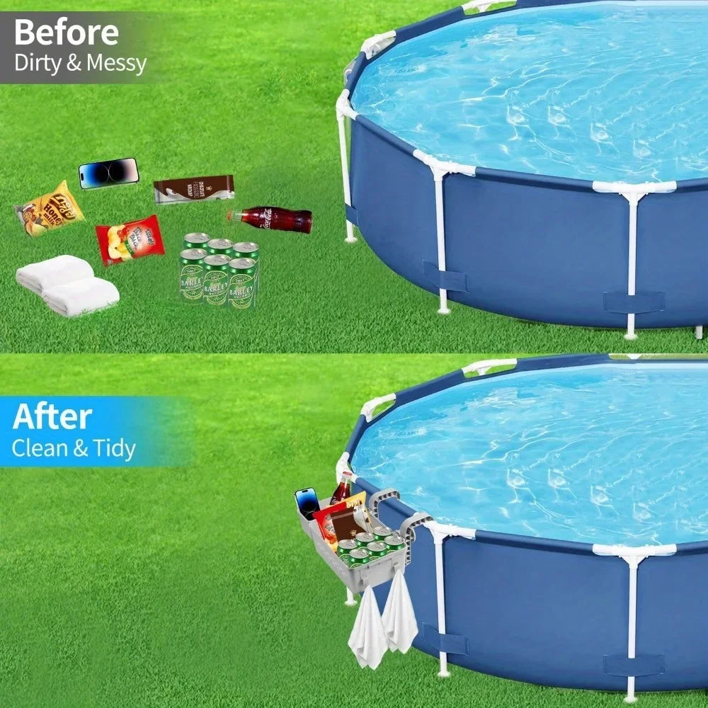 3-in-1 Above Ground Poolside Storage Basket with Cup Holder & Utility Hooks – Heavy-Duty Organizer for Pool Accessories