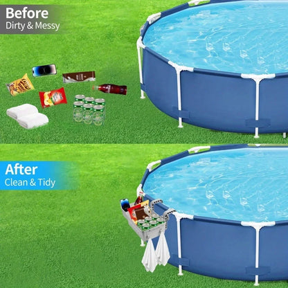 3-in-1 Above Ground Poolside Storage Basket with Cup Holder & Utility Hooks – Heavy-Duty Organizer for Pool Accessories