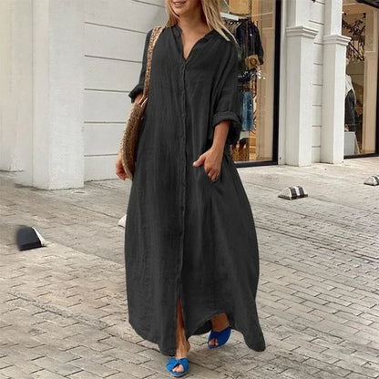 Women’s Casual Cotton-Linen Blend Maxi Dress – Loose Fit Floor-Length Shirt Dress with Pockets