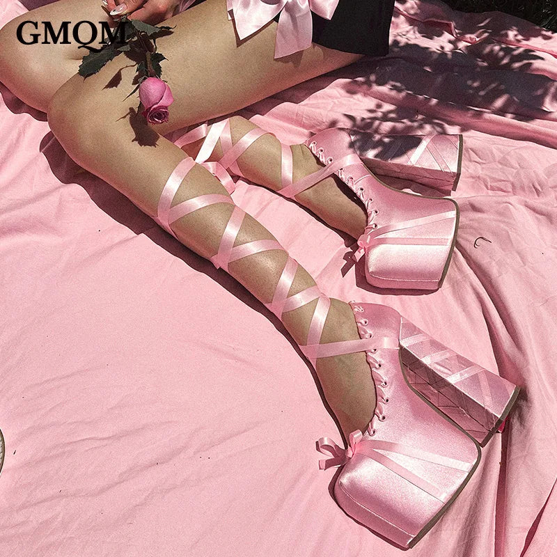 Women's Elegant Lolita Silk Ribbon Chunky High Heel Shoes