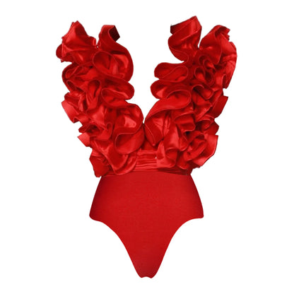 Solid Red Flower One-piece Swimsuit