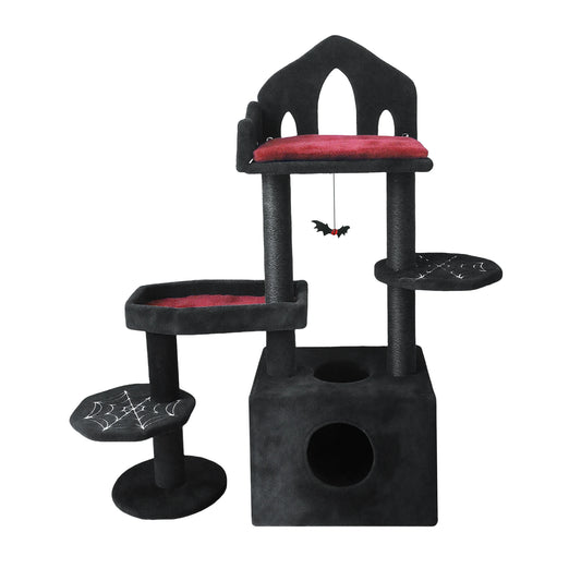 Gothic Black & Red Spooky Cat Tree Tower with Coffin Bed & Hammock
