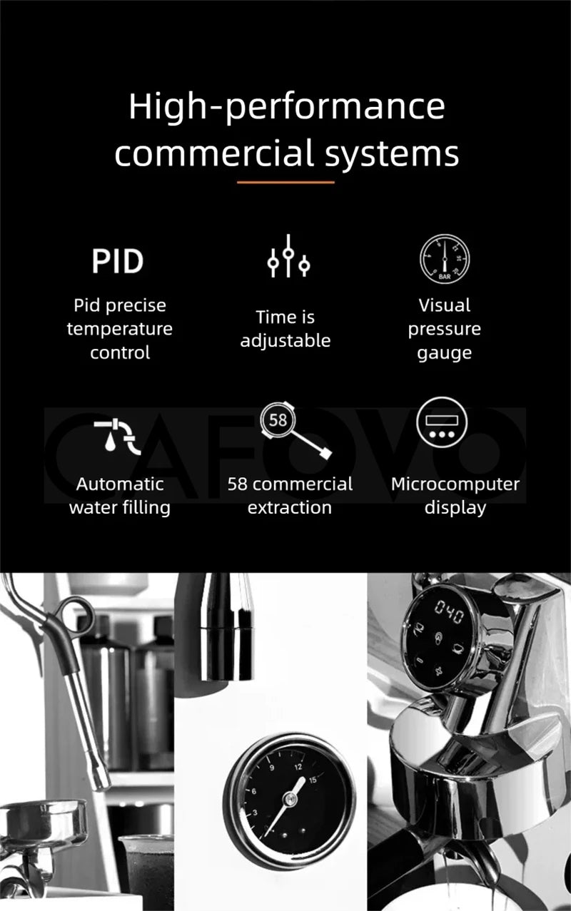 CAFOVO CM6005 Commercial Espresso Machine 3100W Dual Pump Triple Boiler PID Temperature Control 3-Hole Steam Wand