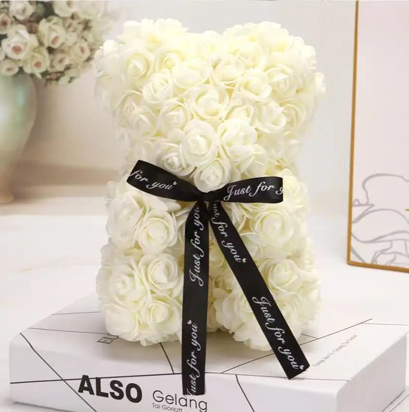 25cm Artificial Teddy Rose Flower Bear with Box