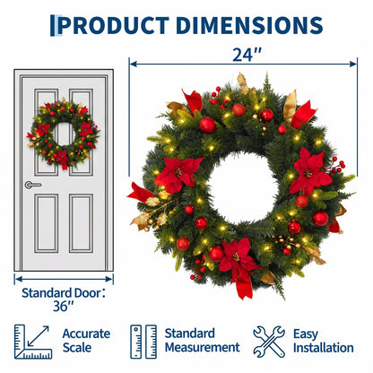 24-Inch Pre-Lit Christmas Wreath with Red Poinsettias & LED Lights