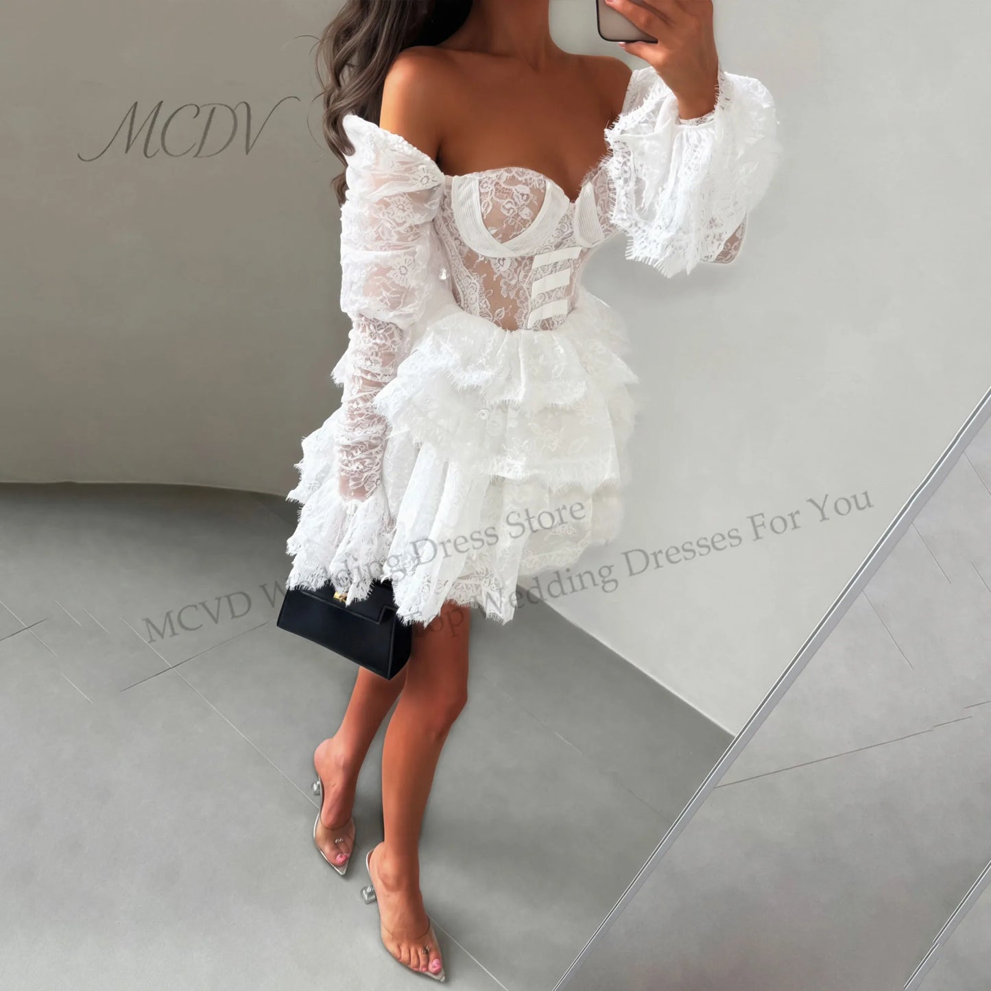 Elegant Off-The-Shoulder Lace & Tulle Mini Bridal Dress