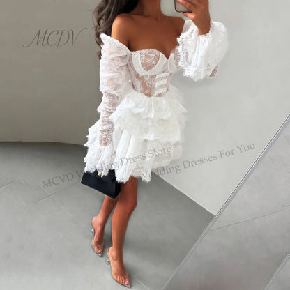 Elegant Off-The-Shoulder Lace & Tulle Mini Bridal Dress