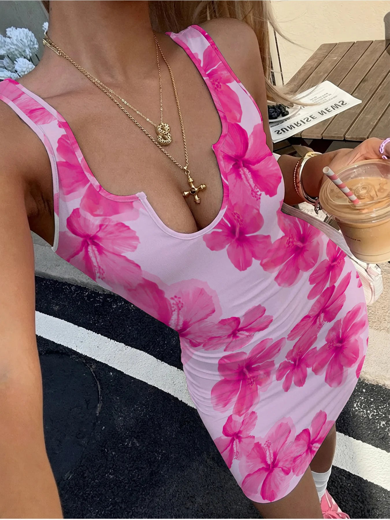 Women's Pink Floral Print Sleeveless Bodycon Mini Dress
