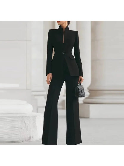 Women's 2-Piece V-Neck Single-Button Blazer & Wide-Leg Pants Suit Set