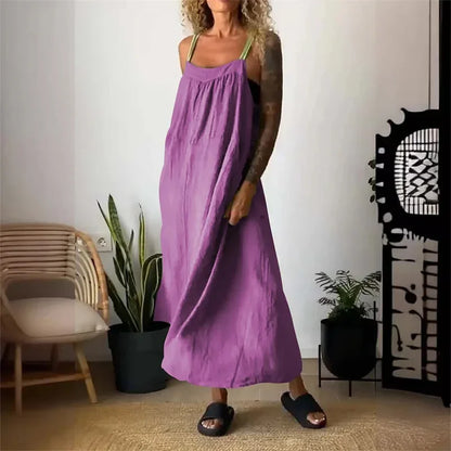 Women's Sleeveless Cotton Linen Casual Maxi Dress