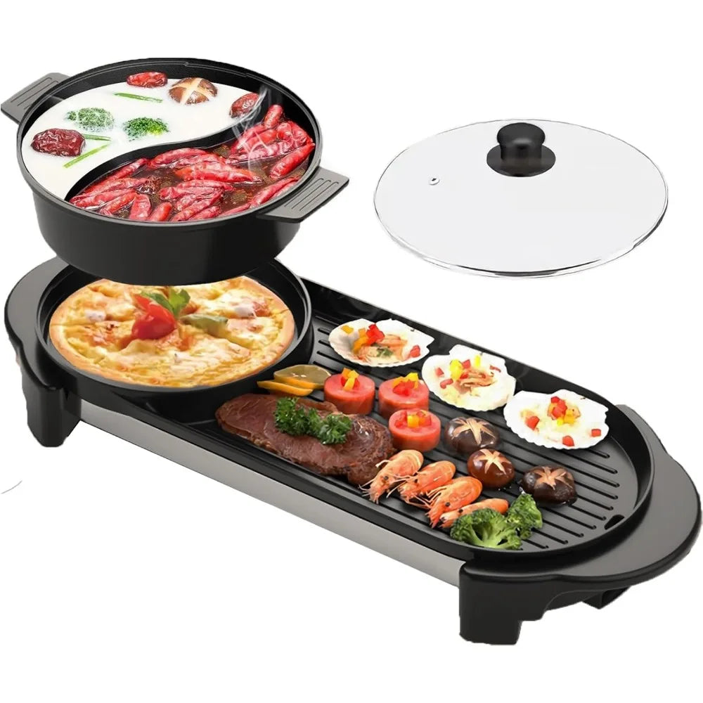 Electric Hot Pot with Grill 2 in 1 Shabu Shabu Korean BBQ Large Capacity Removable Pot