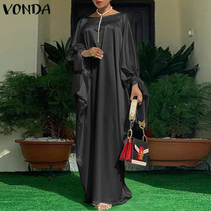 Women’s Long Sleeve Satin Maxi Dress – Vintage Floral Print Boho Sundress