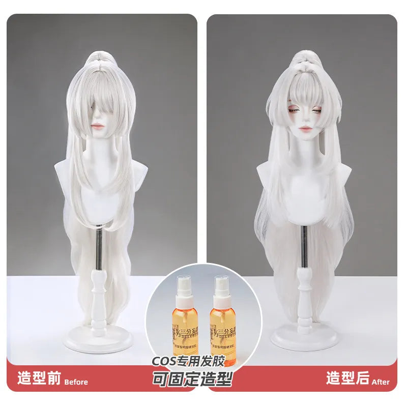 Game Wuthering Waves Hiyuki Cosplay Wig Set - Long White Styled Hair with Red Ribbon Accents