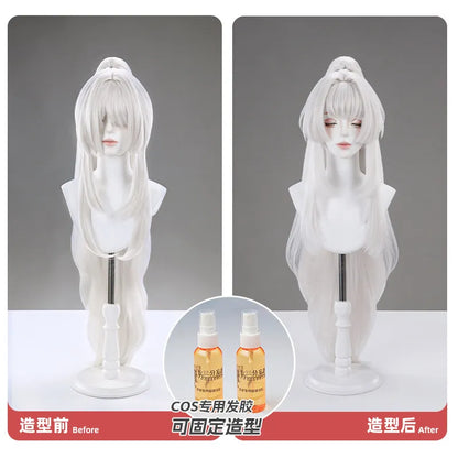 Game Wuthering Waves Hiyuki Cosplay Wig Set - Long White Styled Hair with Red Ribbon Accents