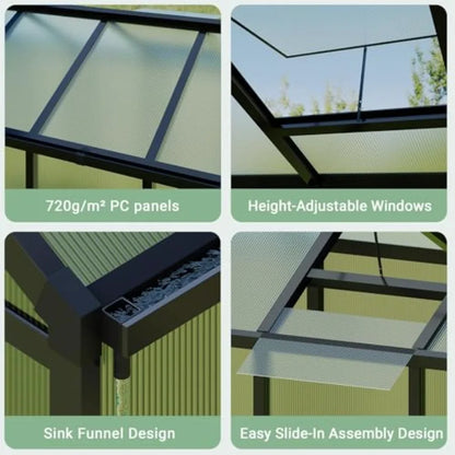 6X8FT Walk-in Greenhouse Kit with Aluminum Frame Polycarbonate Panels Adjustable Roof Vent Sliding Door Secure Lock