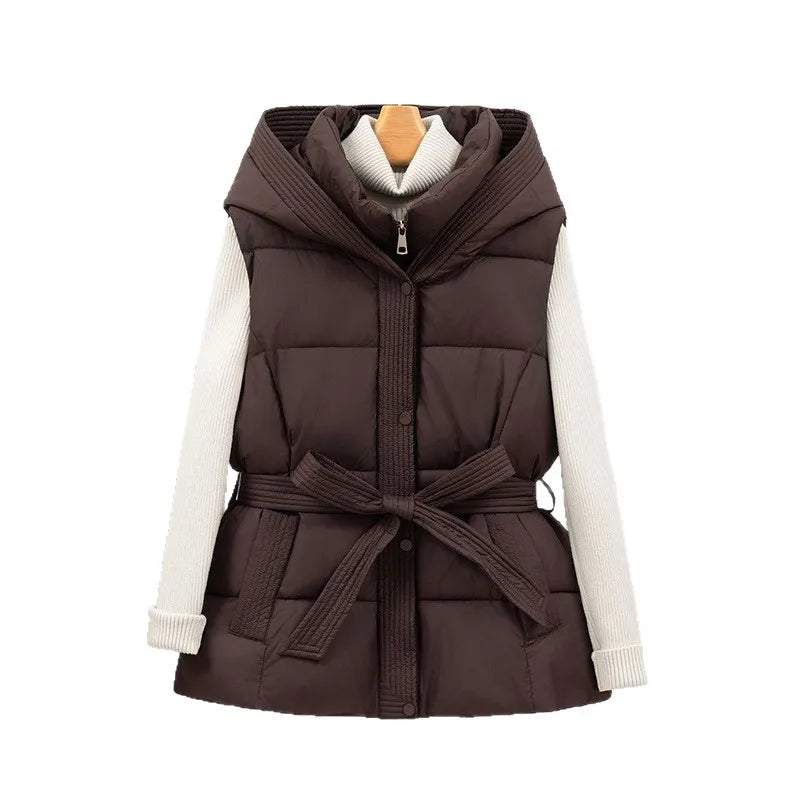 Women's Quilted Puffer Vest - Belted Warm Winter Hooded Sleeveless Coat