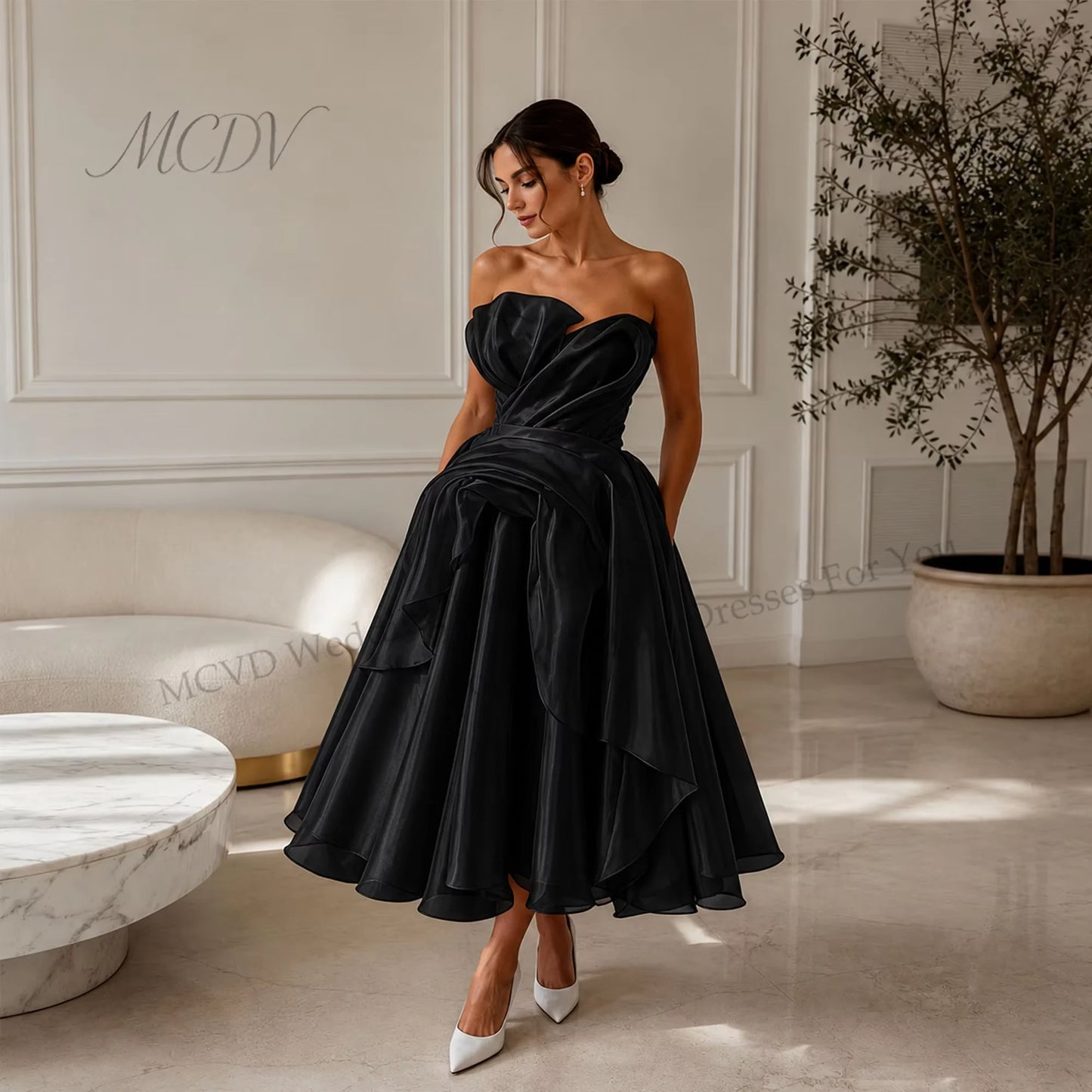 Elegant Strapless Organza A-Line Midi Wedding Dress – Civil Bridal Gown