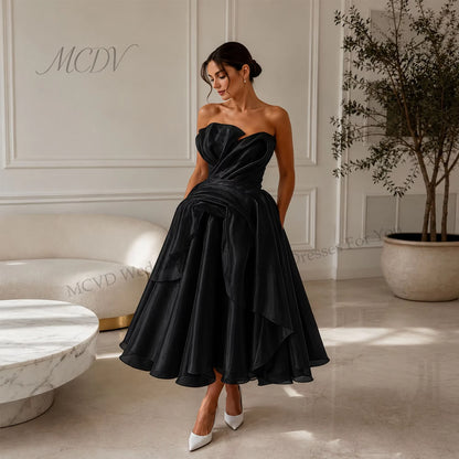 Elegant Strapless Organza A-Line Midi Wedding Dress – Civil Bridal Gown